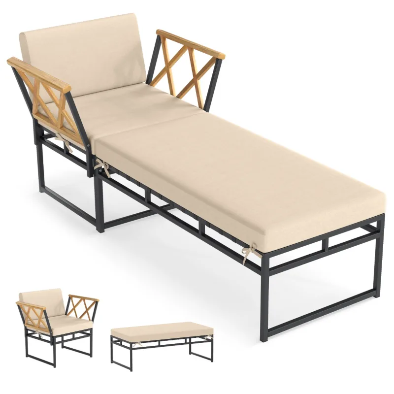 Costway Sillón Reclinable de Patio con Otomana y Cojín Metal con Apoyabrazos de Madera de Acacia para Exterior Beige y Marrón y Negro