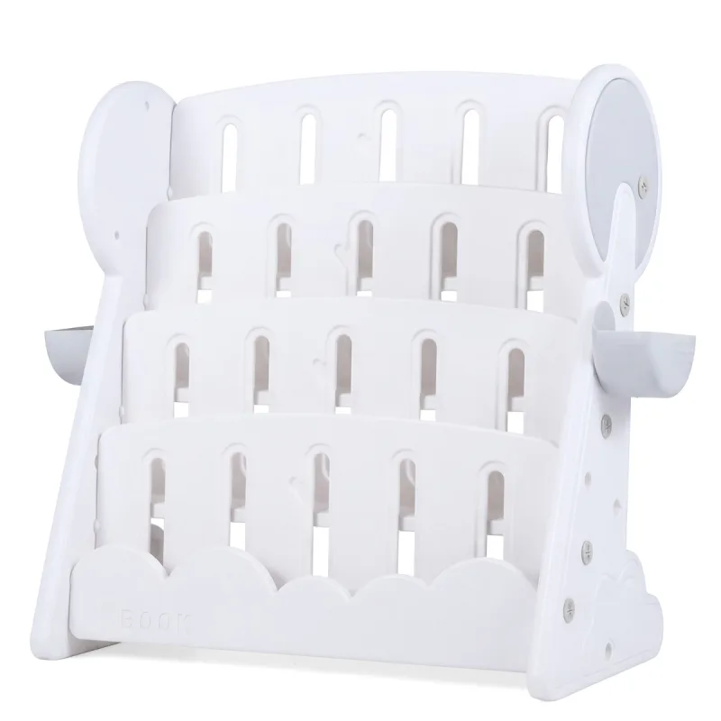 Costway Estantería Infantil 4 Niveles con Cajas de Almacenamiento y Estante Reversible Organizador para Libros Gris y Blanco