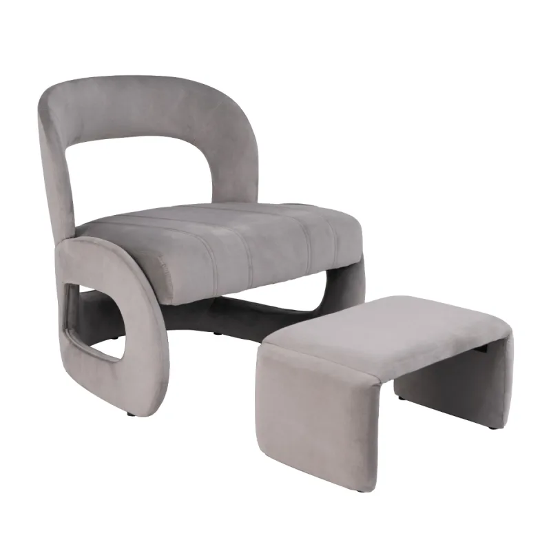 Costway Juego de Silla y Otomana Tapizada de Terciopelo con Respaldo Curvo y Acolchado de Esponja Sillón de Lectura para Salón Dormitorio Gris