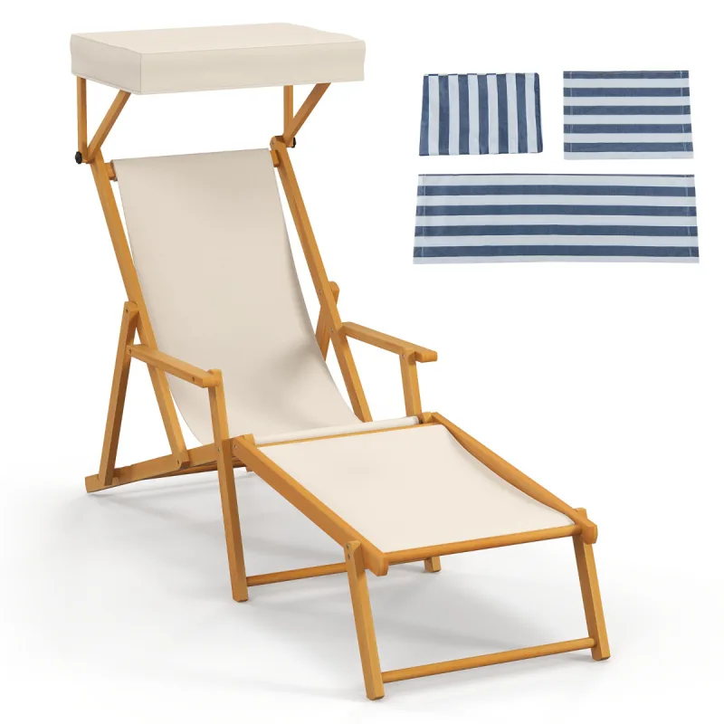 Costway Silla Reclinable de Madera Abedul Sillón de Playa Plegable con Sombrilla Ajustable Respaldo Reclinable Silla de Camping para Patio Piscina