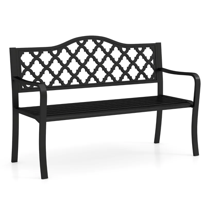 Costway Banco de Patio de 128 cm Banco de Jardín de Metal con Listones para 2-3 Personas con Reposabrazos Curvados Asiento para Porche Piscina Negro