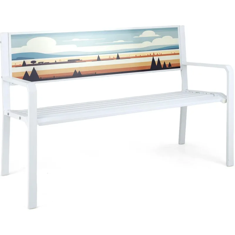 Costway Banco de Jardín Banco de Metal para Patio de 2 Plazas con Respaldo Decorativo Asiento de Listones Reposabrazos Sillón para 2 Personas Blanco