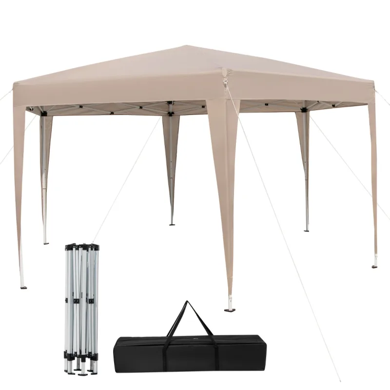 Costway Carpa Plegable Hexagonal 400 x 348 cm para Exteriores con Altura Ajustable y Patas Vestidas Caqui