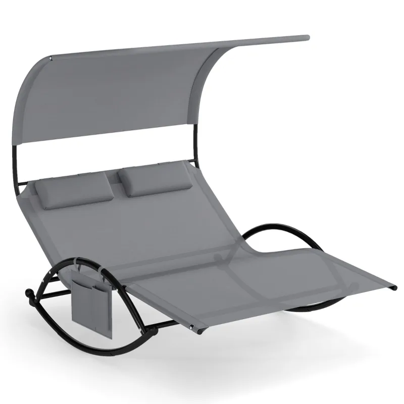 Costway Tumbona Mecedor para 2 Personas con 2 Reposacabezas Desmontables Marco de Metal Resistente Mecedora Ergonómico para Jardín Patio