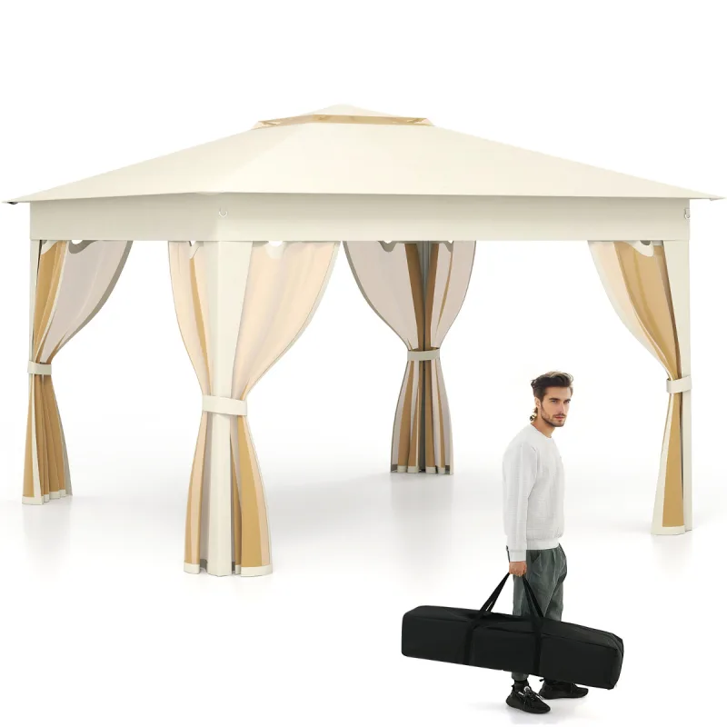 Costway Cenador Instantáneo para Exterior 337 x 337 CM Toldo Plegable de Doble Techo para Camping con Malla Bolsa de Transporte Fácil Montaje Beige