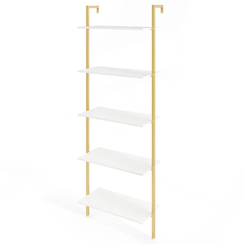 Costway Estante de Escalera de 5 Niveles Librería Montada en la Pared con Marco Metálico Estantería Abierta Alta para Almacenaje Exhibición Blanco