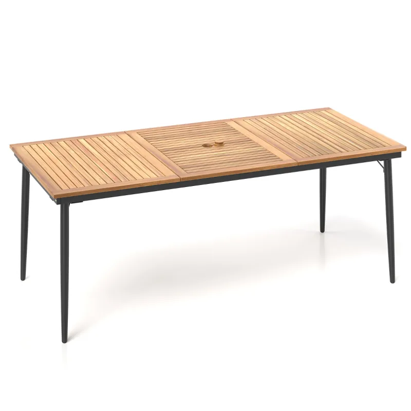 Costway Mesa de Comedor de Madera de Acacia para 8 Personas Mesa de Patio de 200 x 90 cm con Agujero para Sombrilla de 5 cm y Patas de Metal