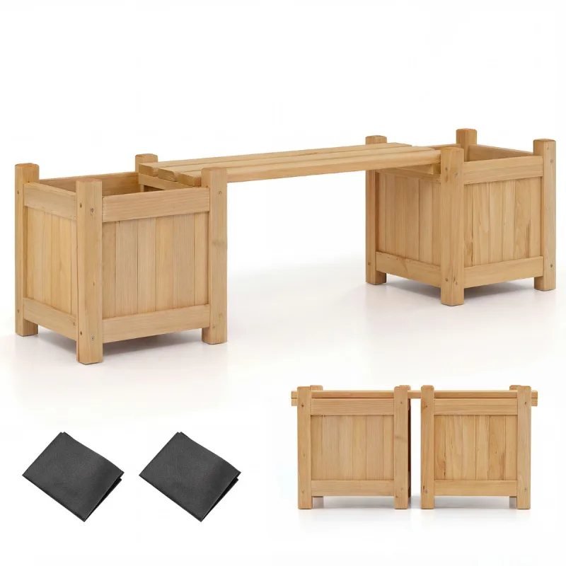 Costway Jardinera de Madera Maciza Cama de Jardín Elevada con Banco Acabado con Aceite de Teca Base Abierta Macetero Elevado Natural