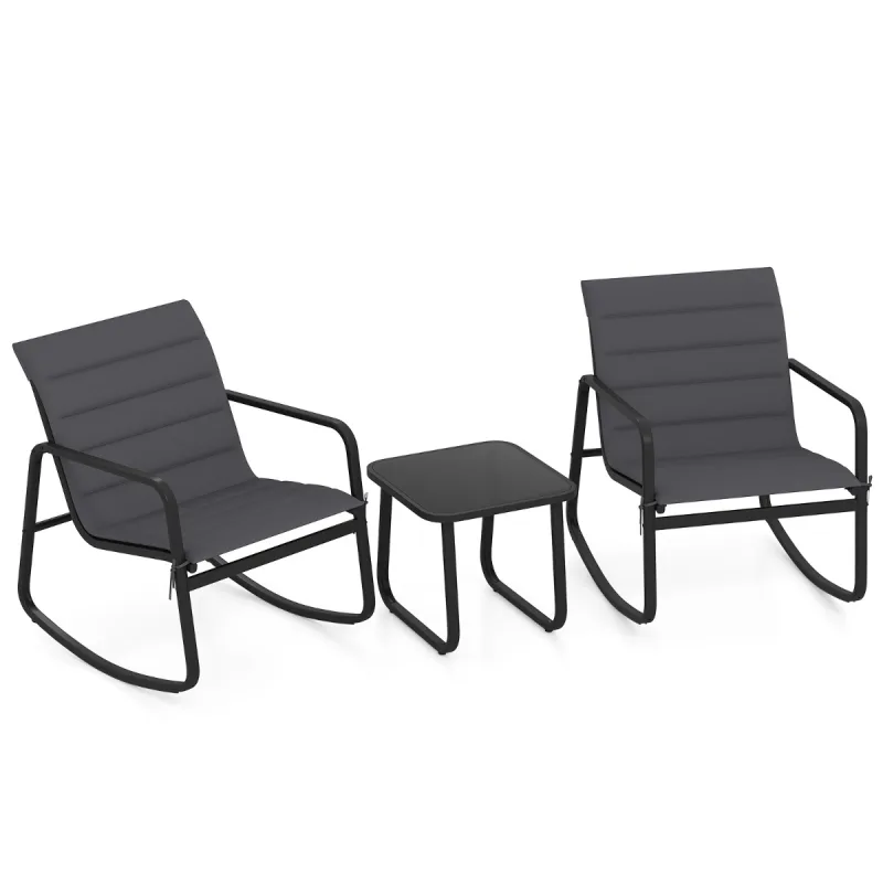 Costway Juego de Bistro con Mecedoras y Metal para Exterior de 3 Piezas con Mesa de Vidrio Templado y Cojines para Balcón o Jardín
