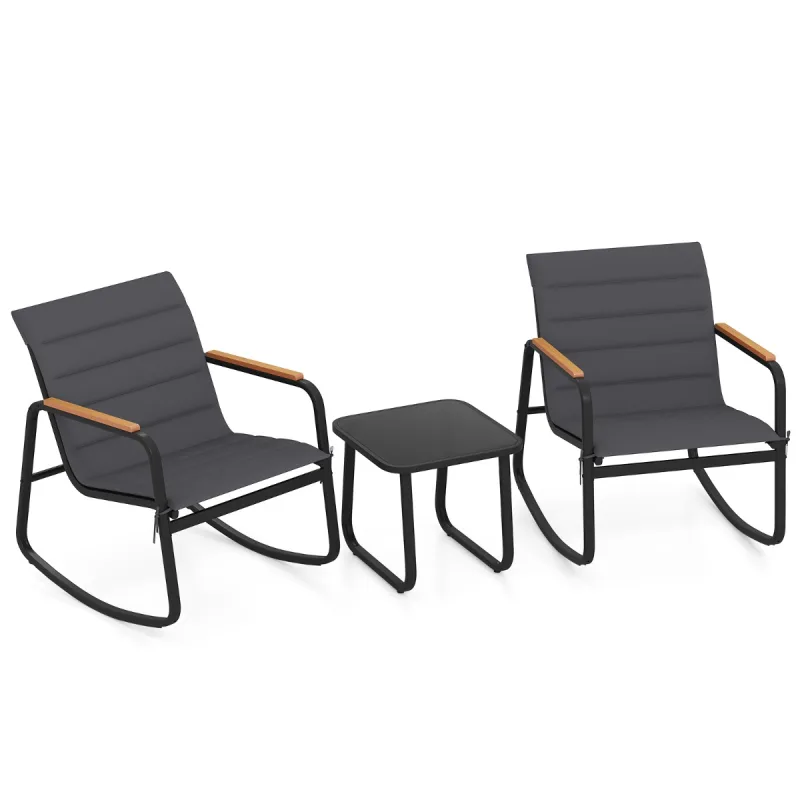 Costway Juego de Bistro con Mecedoras y Madera Plástica para Exterior de 3 Piezas con Mesa de Vidrio Templado y Cojines para Balcón o Jardín