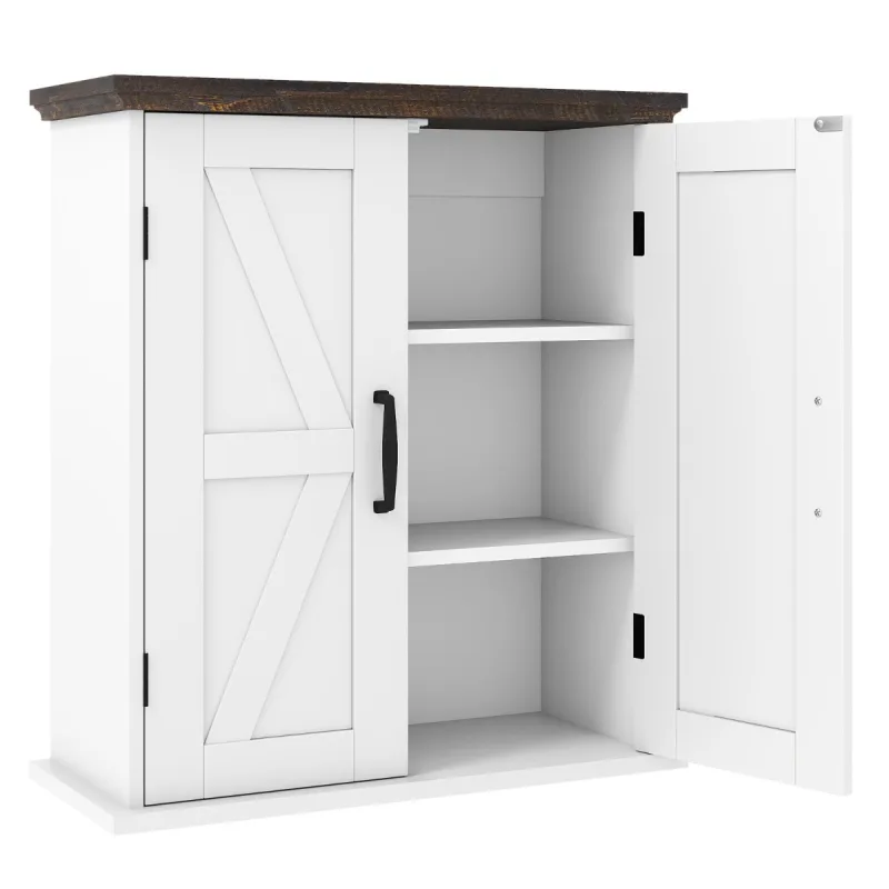 Costway Armario de Pared para Baño Estilo Granja con 2 Puertas y Estanterías Ajustables para Cocina Lavandería o Entrada Blanco