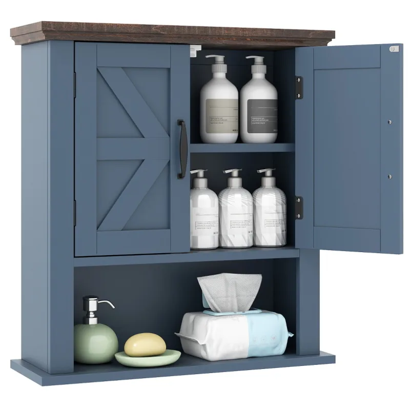 Costway Botiquín con Puertas Estilo Rústico con Estante Ajustable y Compartimento Abierto para Sala Cocina o Entrada Azul Oscuro