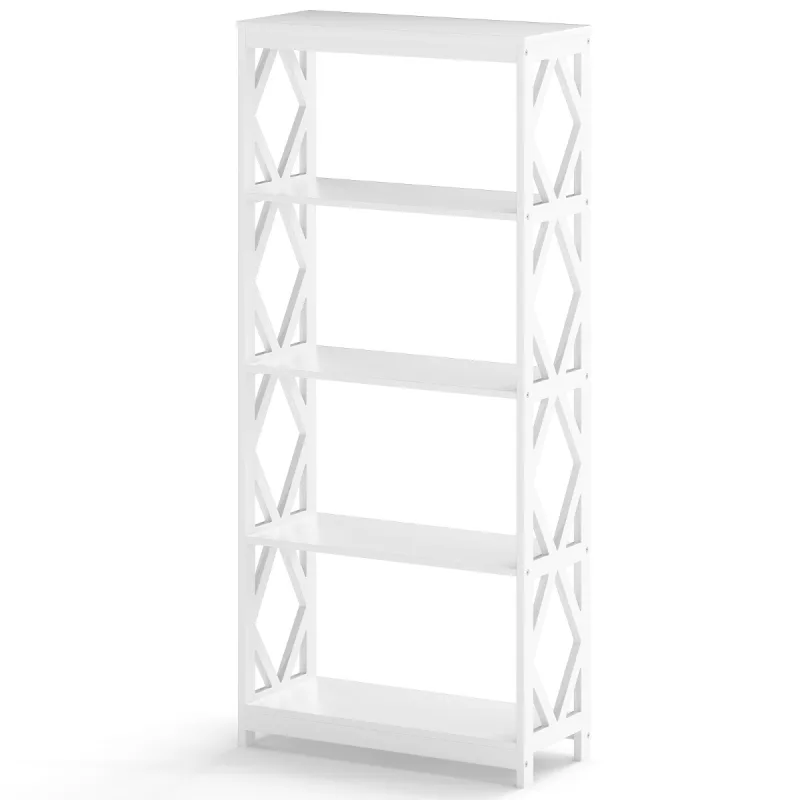 Costway Estantería de 5 Niveles de Madera con Estructura Romboidal Organizador Moderno Independiente para Oficina Casa Salón o Dormitorio Blanco