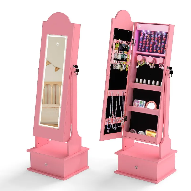 Costway Armario para Joyas Infantil con Espejo de Cuerpo Completo y 2 Ángulos Ajustables 4 Luces Interiores Joyero para Princesas Rosa