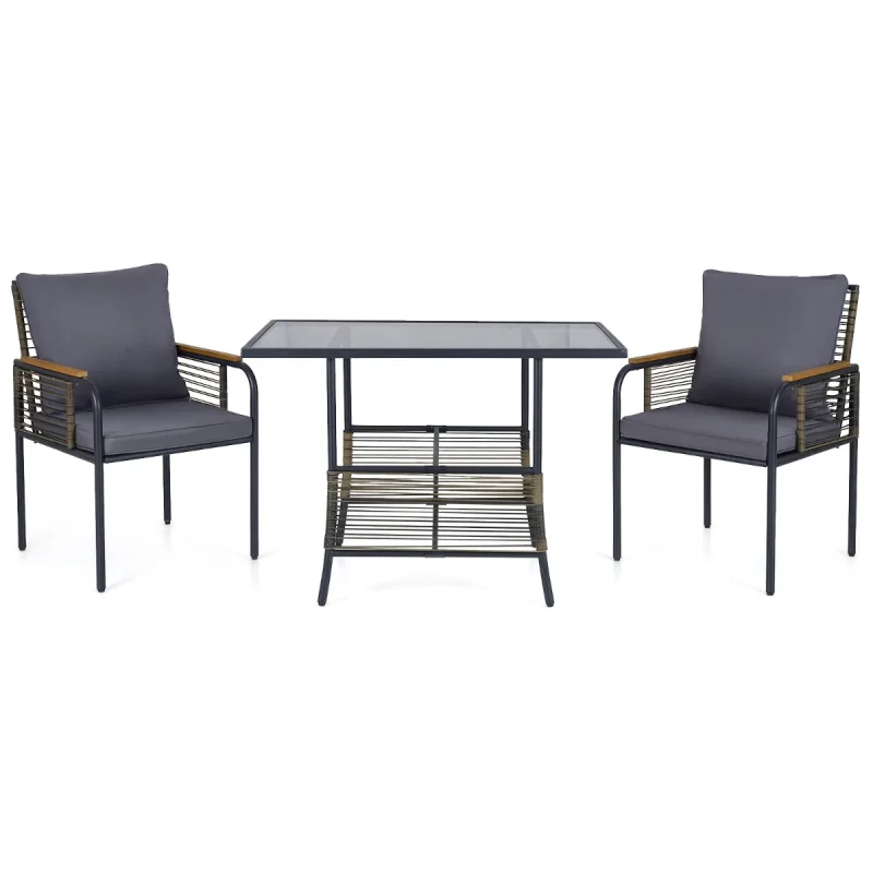 Costway Conjunto de 3 Piezas Bistró de Mimbre para Patio con Cojines Mesa Rectangular y Sillas para Balcón o Jardín Gris Oscuro