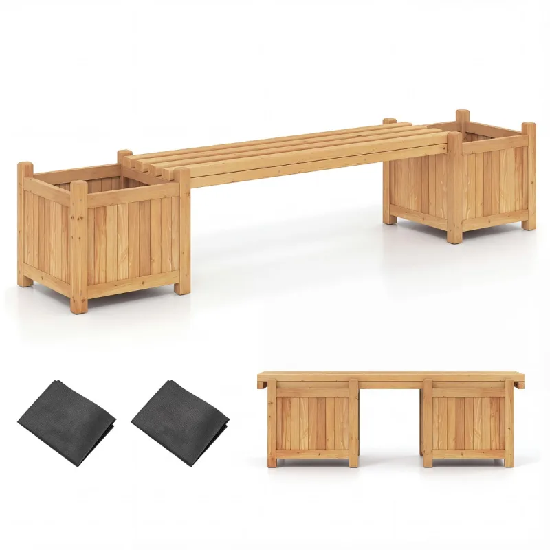 Costway Jardinera Elevada con Banco de Madera Maciza Acabado con Aceite de Teca Base Abierta para Patio y Porche 169x35x35cm Natural