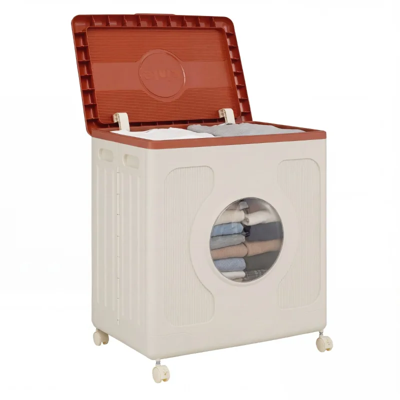 Costway Caja Almacenamiento con Tapa y Ruedas 122 L Ventana Transparente Organizador Plástico para Hogar Dormitorio Chocolate