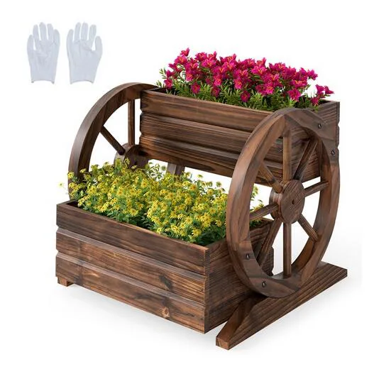 Costway Jardinera Elevada 2 Niveles Madera Rústica Agujeros Drenaje Ruedas para Verduras Hierbas Interior Exterior Patio Balcón