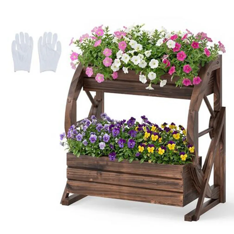 Costway Jardín Elevado 2 Niveles Carreta de Madera Rústica con Drenaje y Semi-ruedas para Verduras y Hierbas Decorativo Interior y Exterior