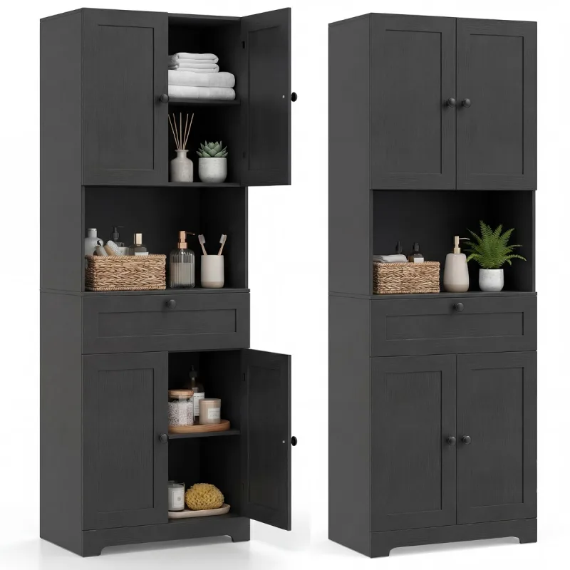 Costway Armario Alto Baño 171,5cm 4 Puertas 1 Cajón Compartimento Abierto 3 Estantes Ajustables Moderno de Madera para Cocina Salón Gris Oscuro