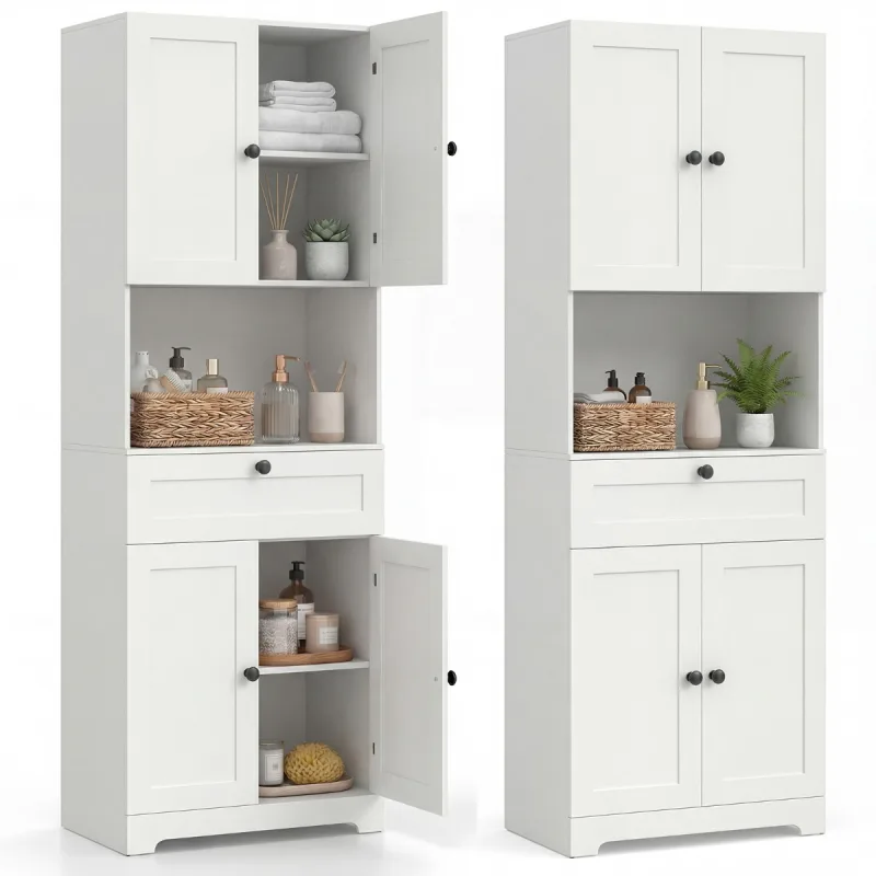Costway Armario Alto Baño 171,5cm 4 Puertas 1 Cajón Compartimento Abierto 3 Estantes Ajustables Moderno de Madera para Cocina Salón Blanco