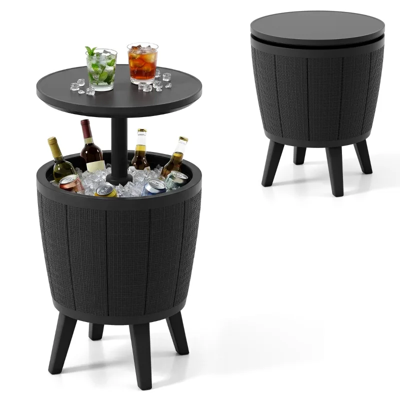 Costway Mesa de Bar para Cócteles con Enfriador de 30L Tapa Elevable y Tapón de Drenaje para Piscina Terraza y Camping Negro