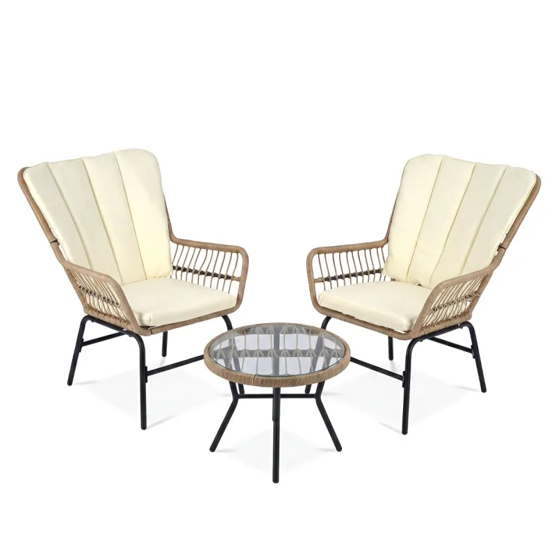 Costway Conjunto Patio Bistro 3 Piezas Mueble Mimbre PE Exterior Cojines Mesa Vidrio Templado Sillas Porche Balcón Terraza Beige