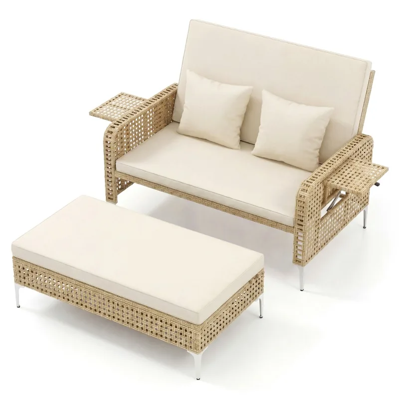 Costway Sofá Cama de Dos Plazas con Otomana Ratán PE para Patio Almacenamiento Respaldo Ajustable Amarillo y Blanco