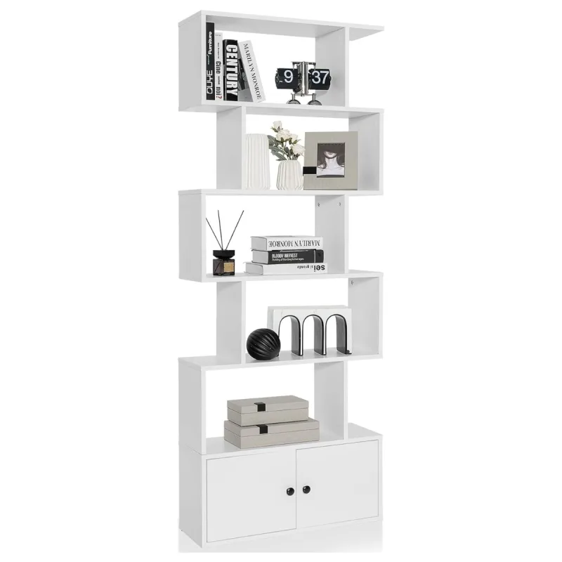 Costway Librería en Forma de S 6 Niveles con Puertas Diseño Moderno y Versátil para Organizar y Decorar Sala Dormitorio u Oficina Blanco