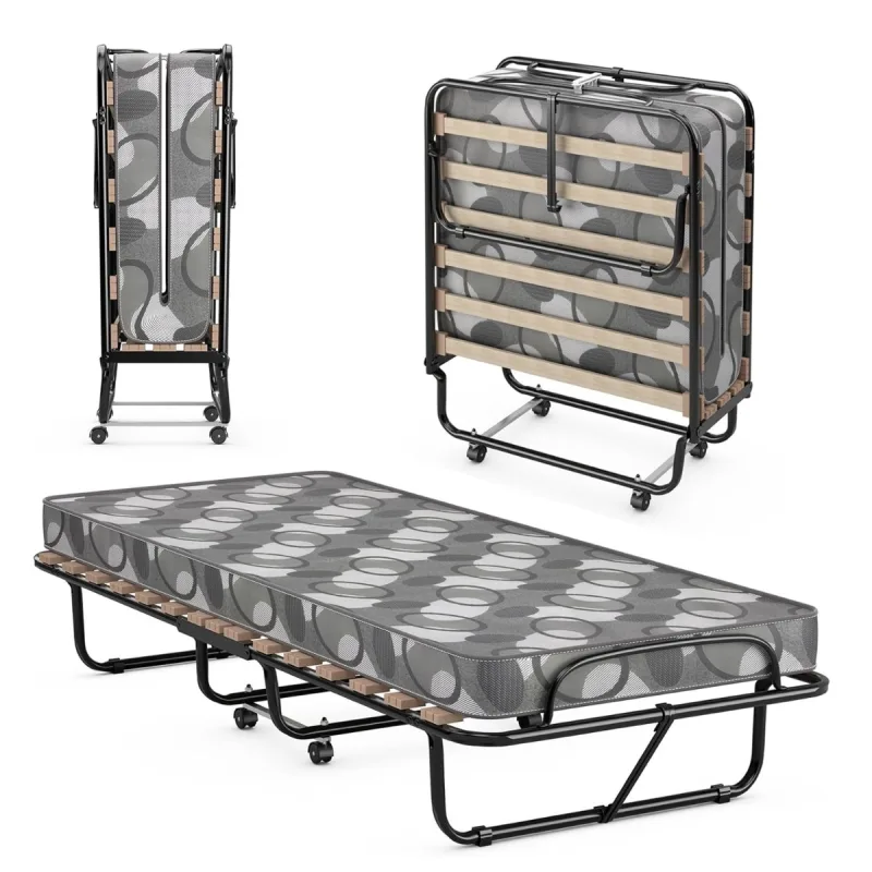 Costway Cama Plegable Individual con Colchón Marco de Metal y 4 Ruedas Capacidad de Carga 130 kg para Invitados 80 x 190 cm Gris