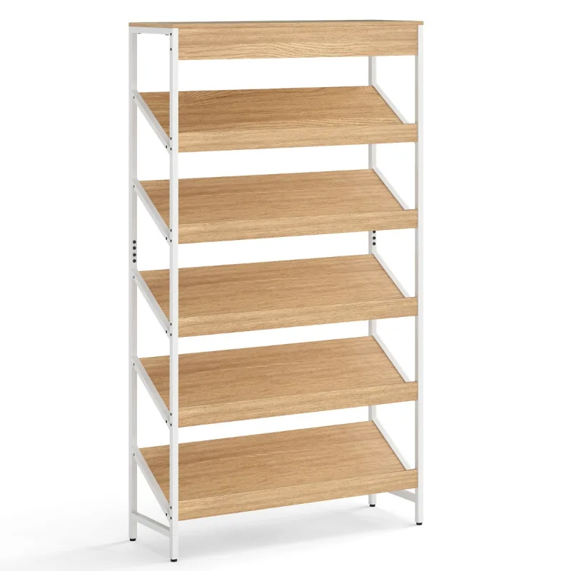 Costway Estantería de 6 Niveles 161 cm Estante Inclinado Independiente con Estructura Metálica Resistente Organizador Industrial de Madera Natural