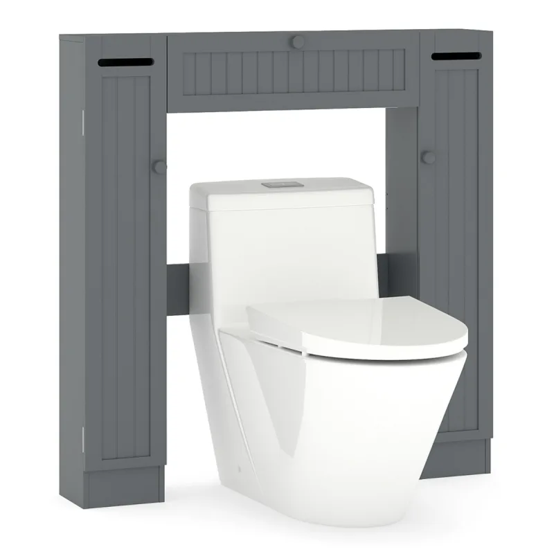 Costway Estante sobre Inodoro Organizador de Baño Independiente con Estantes Ajustables con Portarrollos Puerta Abatible 89 x 19,5 x 99 cm Gris