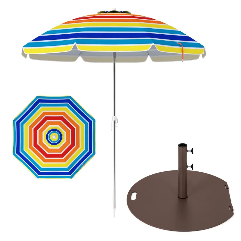 Costway Set Completo de Sombrilla Base Metálica 23kg con Ruedas y Sombrilla Playa Inclinación Ajustable 178 x 206 cm con Bolsa Transporte Multicolor