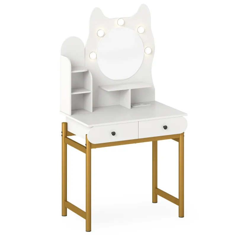 Costway Tocador con Espejo y Luces en Forma de Gatito Tocador con 3 Modos de Iluminación y Brillo Ajustable Estantes Abiertos y 2 Cajones Blanco