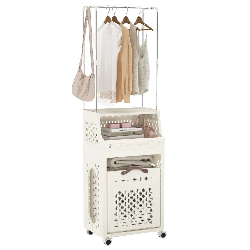 Costway Cesta de Ropa Sucia con Ruedas y Perchero Cesto de Ropa Plegable de Plástico Multicapa con Perchero Ganchos y Contenedor Organizador Beige
