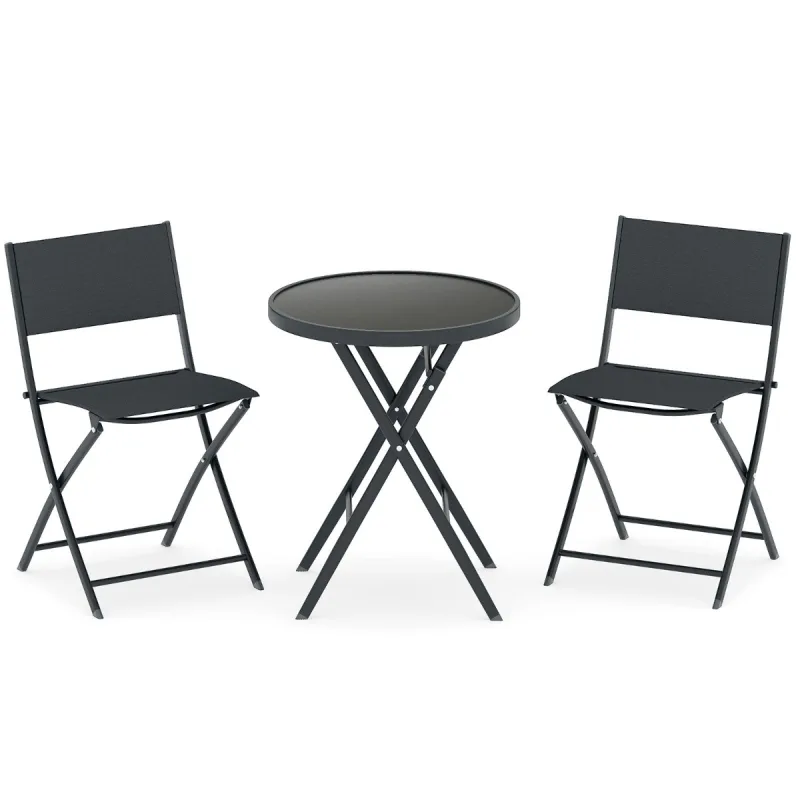 Costway Set de Bistró Plegable de 3 Piezas para Exterior con Asiento Transpirable y Tablero de Vidrio Templado de Metal para Patio o Jardín Negro