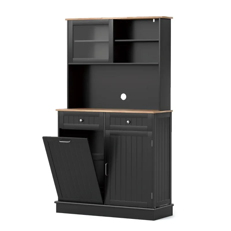 Costway Armario de Basura con Puerta Abatible Doble Armario de Almacenaje de Cocina con Encimera de Madera de Caucho Cubo de Basura de 38 L Negro