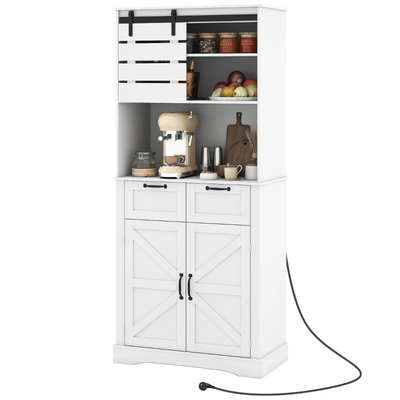 Costway Armario Despensa de Cocina con Toma de Corriente Armario Alto para Café con Puertas Cajones y Estante Ajustable Soporte Blanco