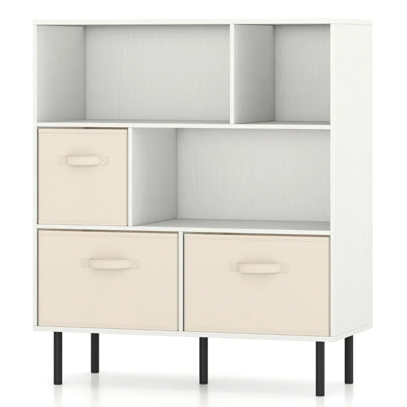 Costway Estantería de 6 Cubos Librero de 3 Niveles con 3 Cajones de Tela Plegables y Extraíbles Organizador de Almacenamiento Moderno Blanco