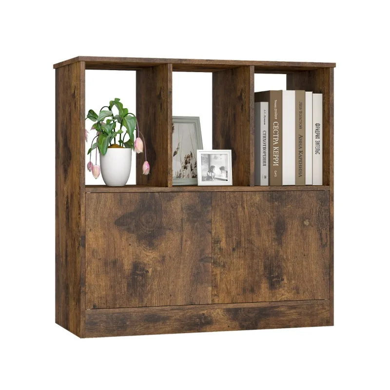 Costway Librería de 3 Cubos con Puertas Estantería Cubica de 3 Niveles con Compartimentos Abiertos y Armario Organizador de Almacenamiento Marrón