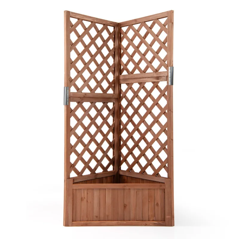 Costway Cama de Jardín Elevada de Esquina con Enrejado para Trepar Macetero de Madera Elevado con Agujeros de Drenaje para Plantas Marrón