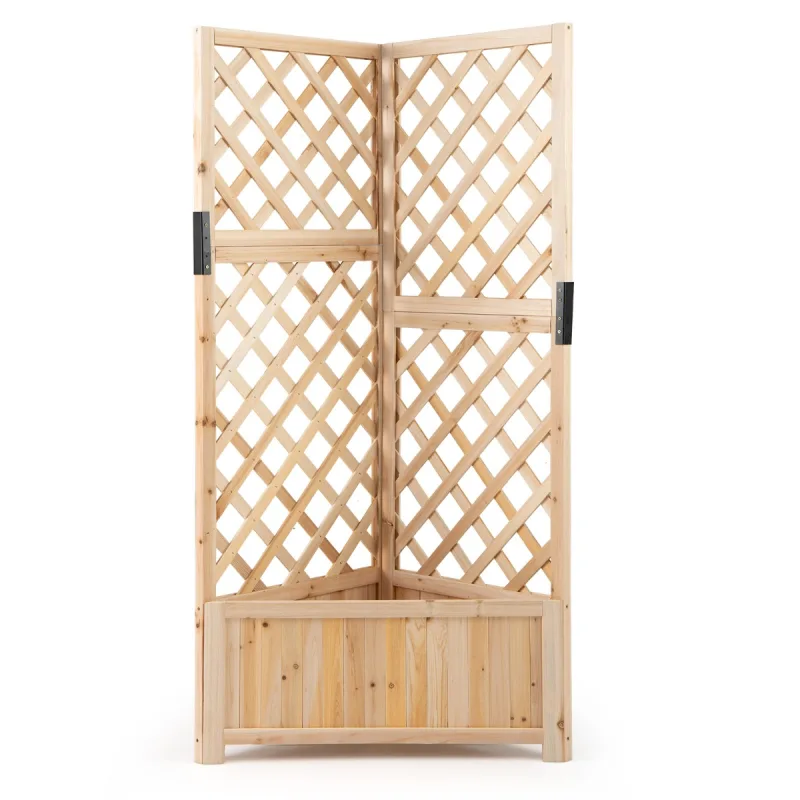 Costway Cama de Jardín Elevada de Esquina con Enrejado para Trepar Macetero de Madera Elevado con Agujeros de Drenaje para Plantas Natural