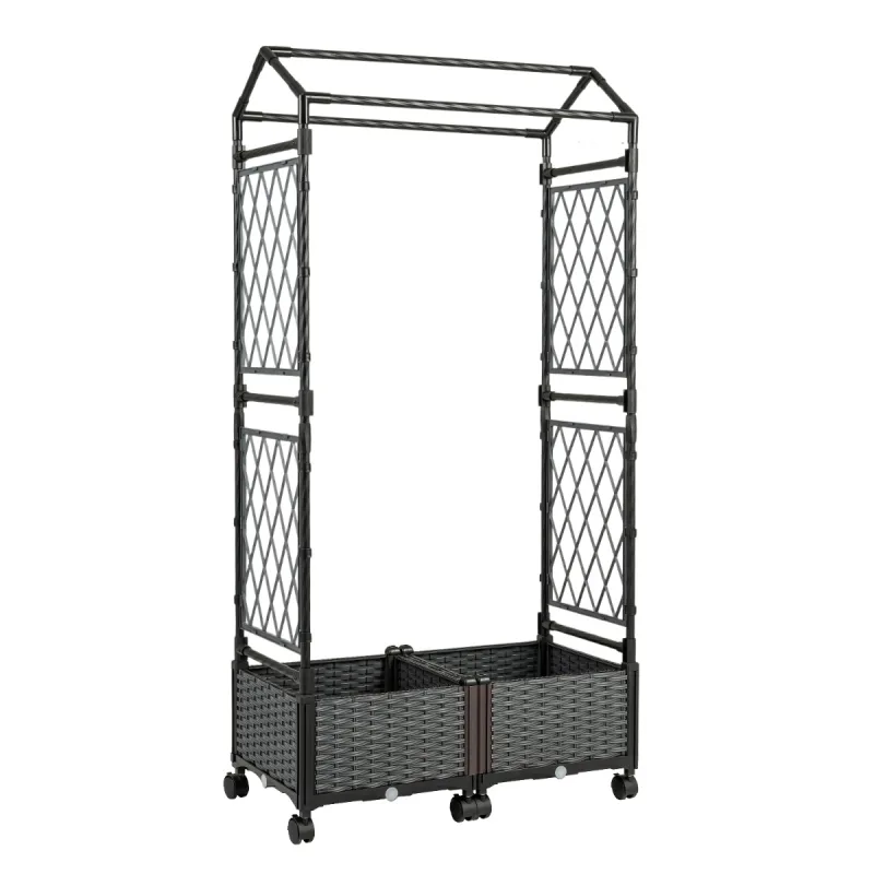 Costway Cama de Jardín Elevada con Auto-Riego Celosía Techo y Ruedas Bloqueables de Ratán para Plantas Trepadoras Tomates o Flores Gris Oscuro