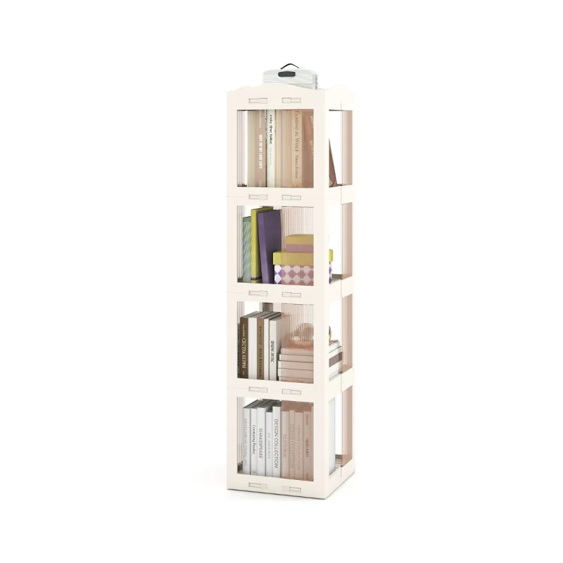 Costway Estantería 4 Niveles Giratoria Plegable Biblioteca Giratoria 360° con Base Giratoria Torre de Estantería de Estante Alto Blanco