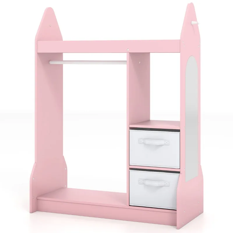 Costway Armario para Juegos Infantiles Centro de Disfraces para Niños con Espejo Acrílico Percha para Ropa Estantes Abiertos Cajas Plegables Rosa
