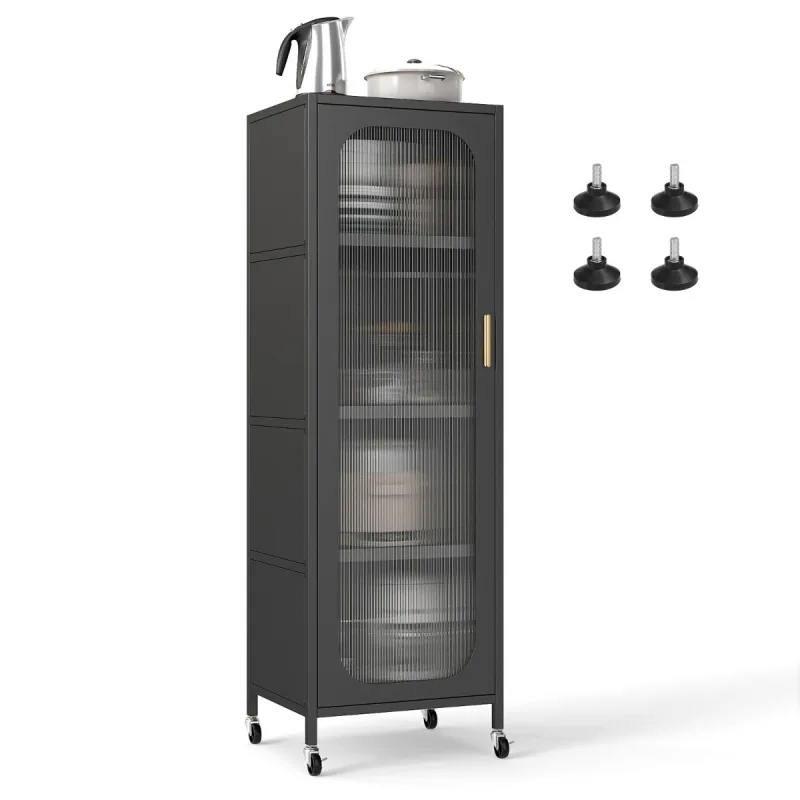 Costway Armario Metálico de 5 Niveles Despensa de Cocina Alta y Estrecha con Estantes Ajustables y Puerta Semitransparente Organizador Negro