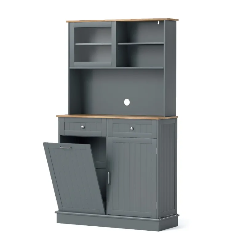 Costway Armario de Basura con Puerta Abatible Doble Armario de Almacenaje de Cocina con Encimera de Madera de Caucho Cubo de Basura de 38 L Gris