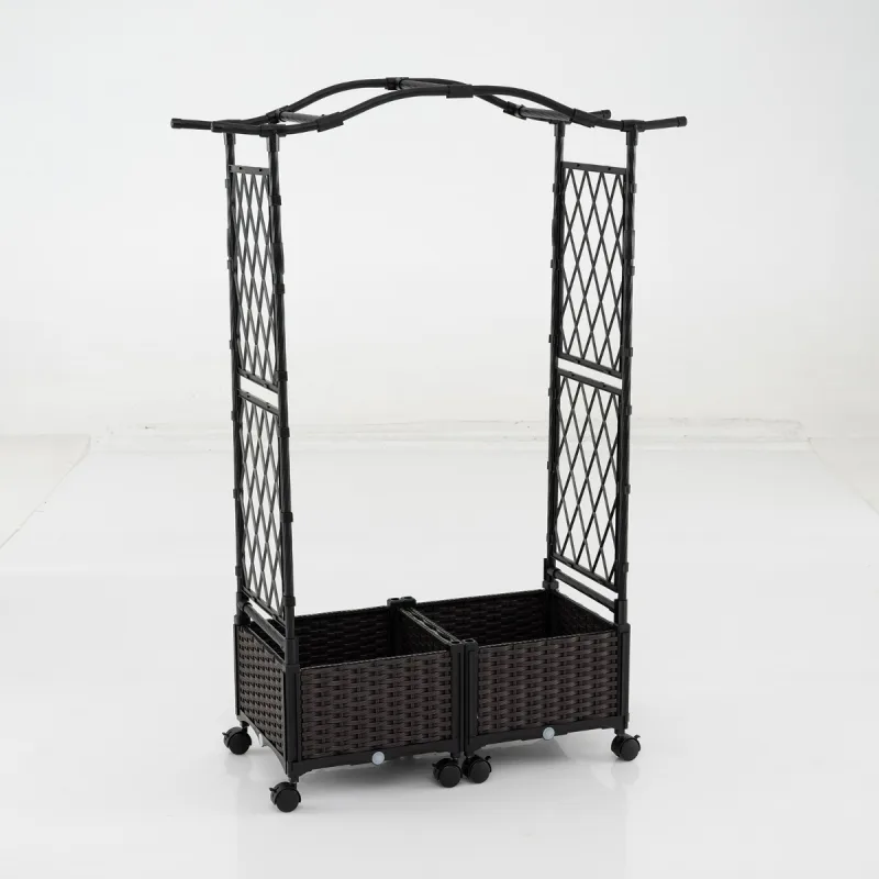 Costway Jardineras Autorriego con Enrejado y Techo Cama de Jardín Elevada de 5 Pies de Altura con Ruedas con Cerradura Jardinera Exterior Marrón