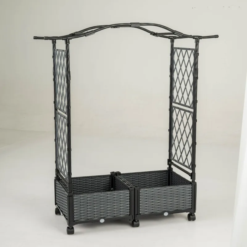 Costway Jardineras Autorriego con Enrejado y Techo Cama de Jardín Elevada de 5 Pies de Altura con Ruedas con Cerradura Jardinera Exterior Gris