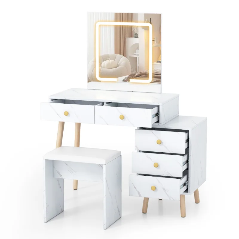 Costway Tocador con Espejo y Luces 3 Luces Ajustables 5 Cajones y Taburete Acolchado Acabado Mármol Artificial Blanco